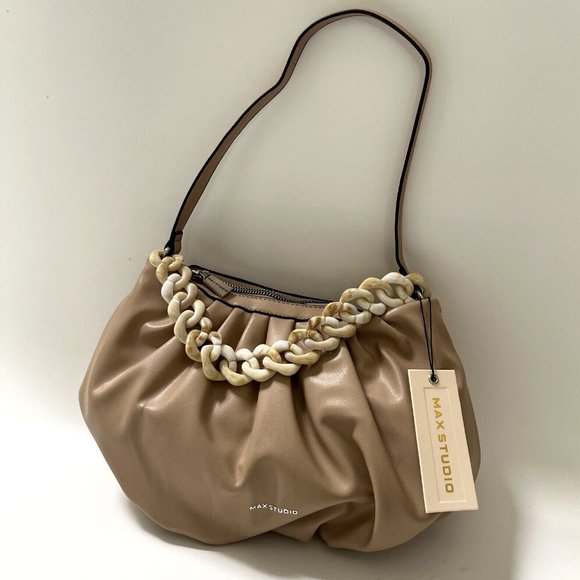 NWT Max Studio Ruched Shoulder Bag Beige Chain Strap Vegan Leather Purse Handbag - Picture 7 of 7